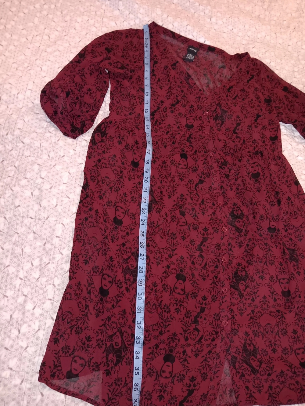Disney Burgundy Floral Print Button-Front Long Sleeve Sheer Dress - Picture 6 of 11